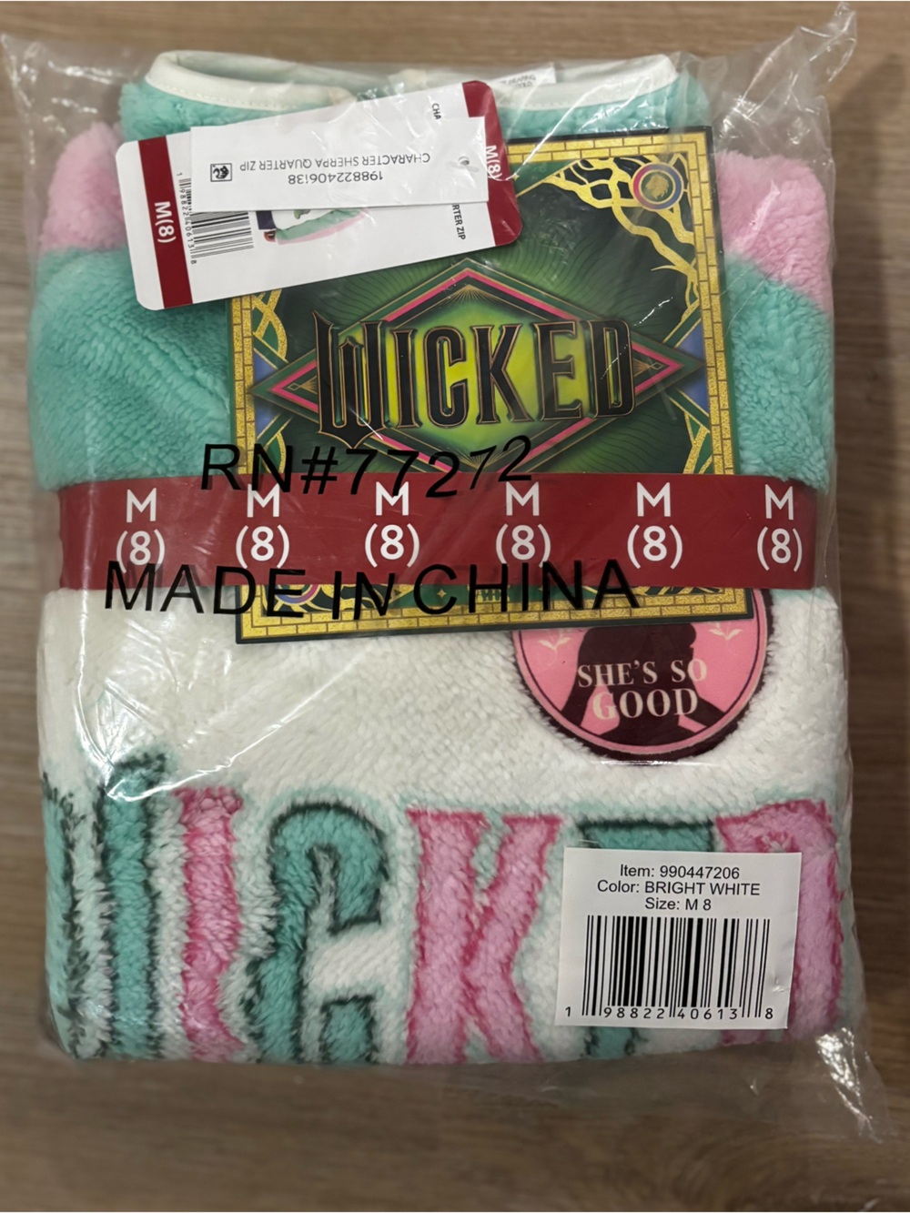 Wicked Kids' Plush Zip Hoodie - Bright White, Pink & Mint - Size M (8)